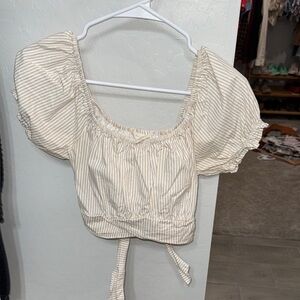 Striped Puff Sleeve Crop Top - Beige